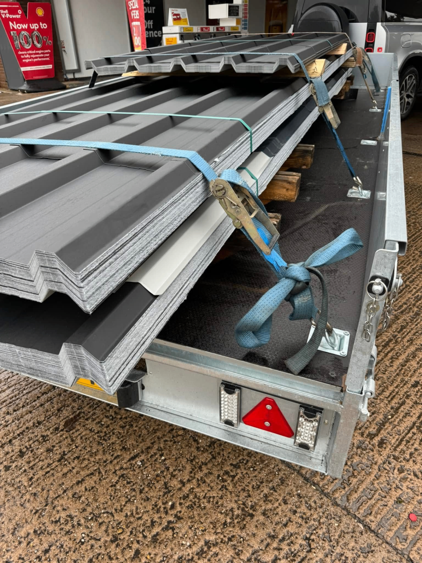 Anthracite grey anticon roofing sheets with anti-condensation backing on a trailer